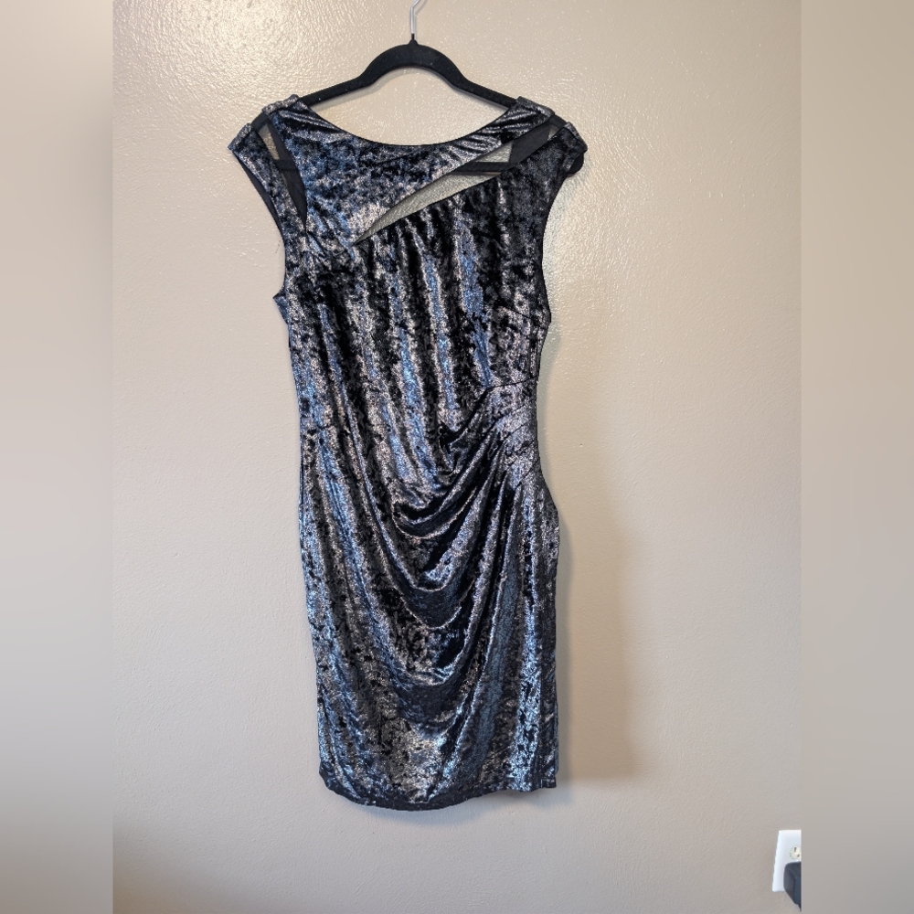 Scarlett Crushed Velvet Sheath Dress Black and silver, Draped Panel Mesh 12